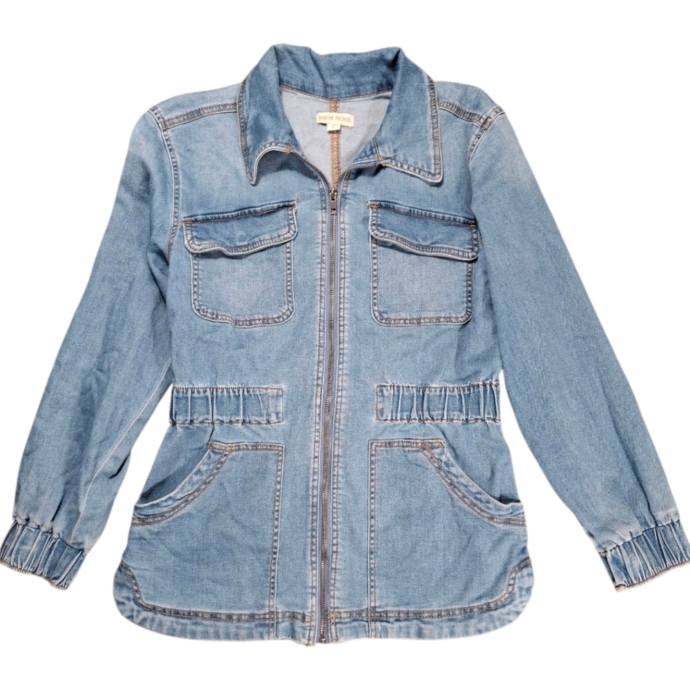 Knox Rose Blue Denim Full Zip Long Sleeve Elastic Waist Jean Jacket Size Small